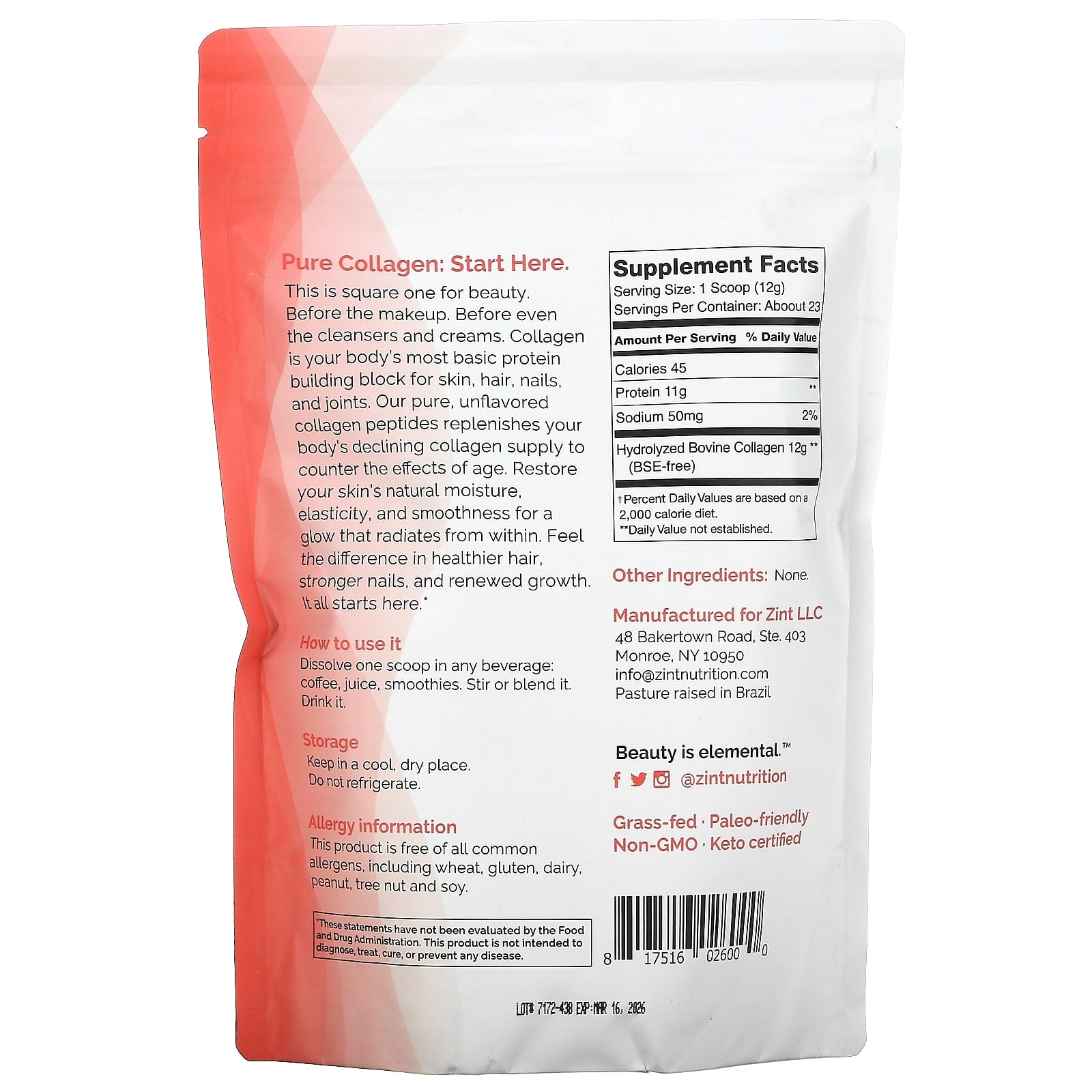 Zint, Pure Grass-Fed Collagen Peptides, 10 oz (283 g) - Image 2