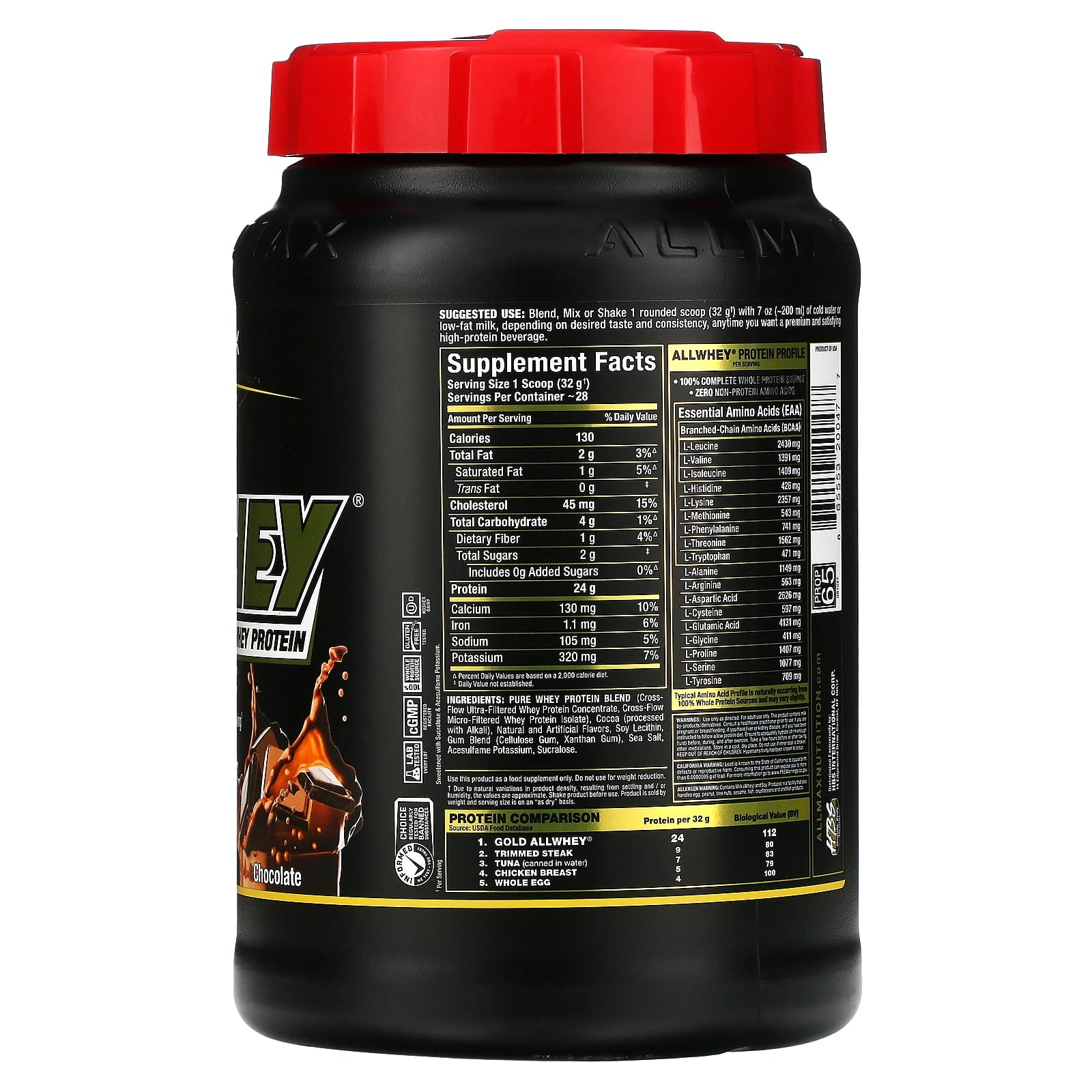 ALLMAX Gold Allwhey Premium Whey Protein, Chocolate, 2 lbs - Image 2