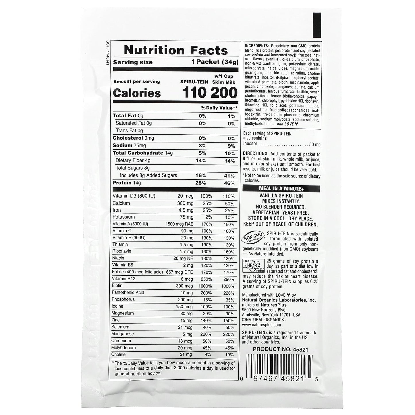 NaturesPlus, Spiru-Tein, High Protein Energy Meal, Vanilla, 8 Packets, 1.2 oz (34 g) Each - Image 2