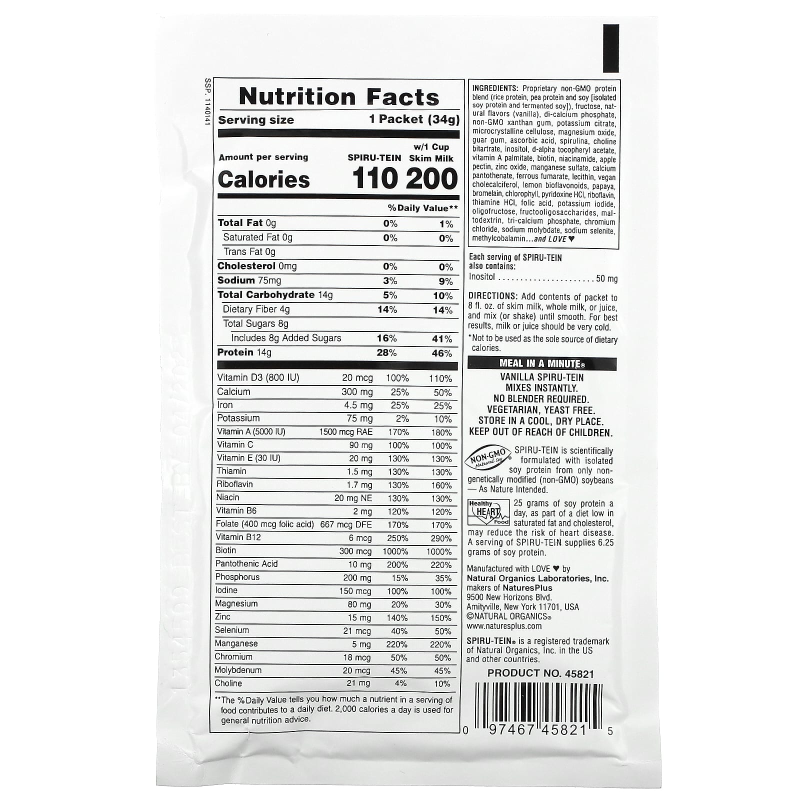 NaturesPlus, Spiru-Tein, High Protein Energy Meal, Vanilla, 8 Packets, 1.2 oz (34 g) Each - Image 2