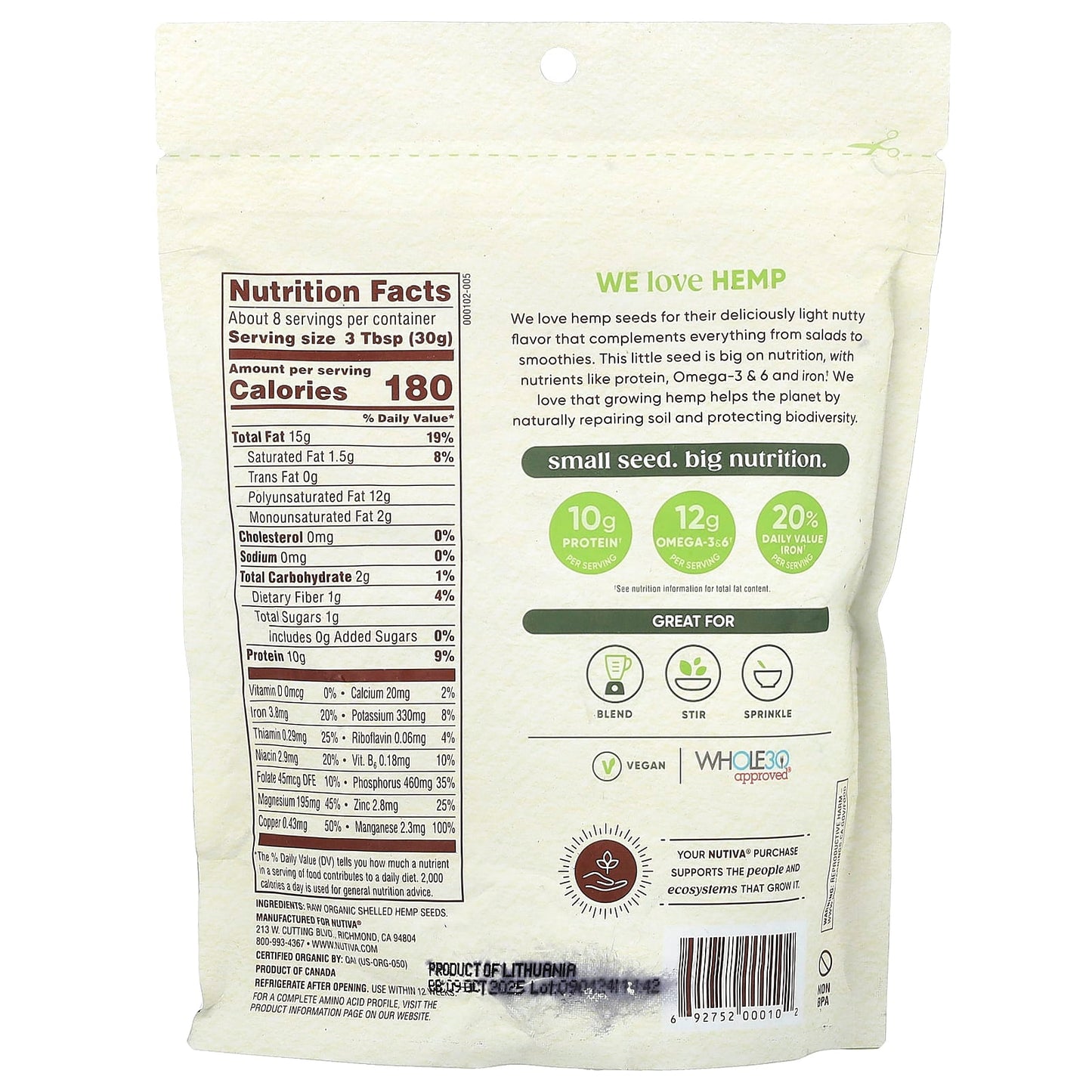 Nutiva, Organic Hemp Seeds, Raw Shelled, 8 oz (227 g) - Image 2