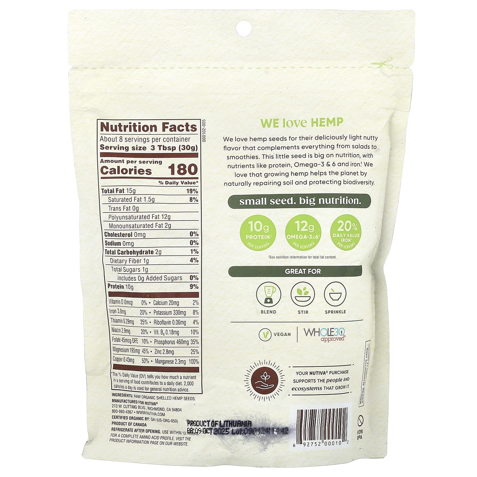 Nutiva, Organic Hemp Seeds, Raw Shelled, 8 oz (227 g) - Image 2