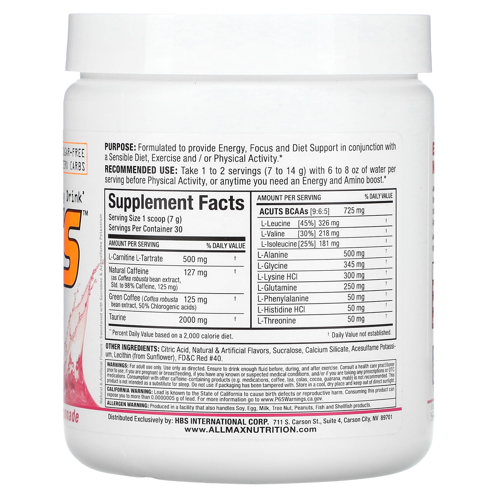 ALLMAX, ACUTS™, Amino-Charged Energy Drink, Pink Lemonade, 7.4 oz (210 g)