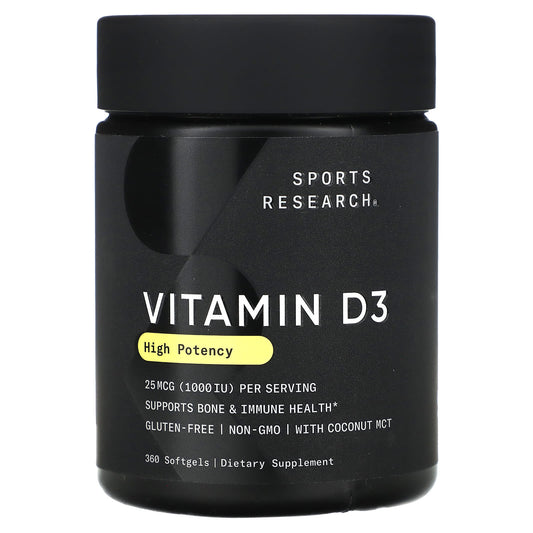 Sports Research, Vitamin D3, High Potency, 25 mcg (1,000 IU), 360 Softgels - Image 1