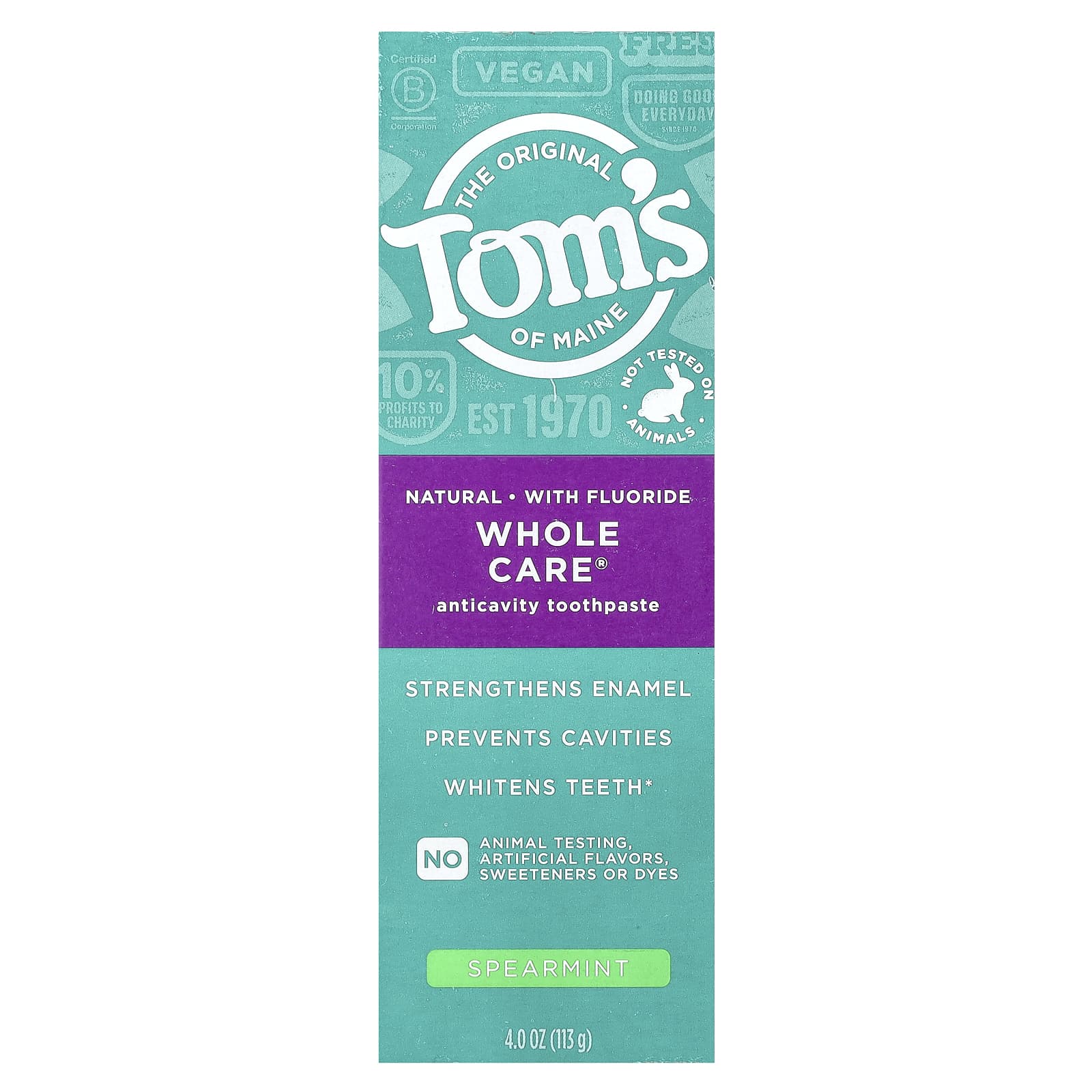 Tom's of Maine, Whole Care®, Natural Anticavity Toothpaste with Fluoride, Spearmint, 4 oz (113 g) - Image 2