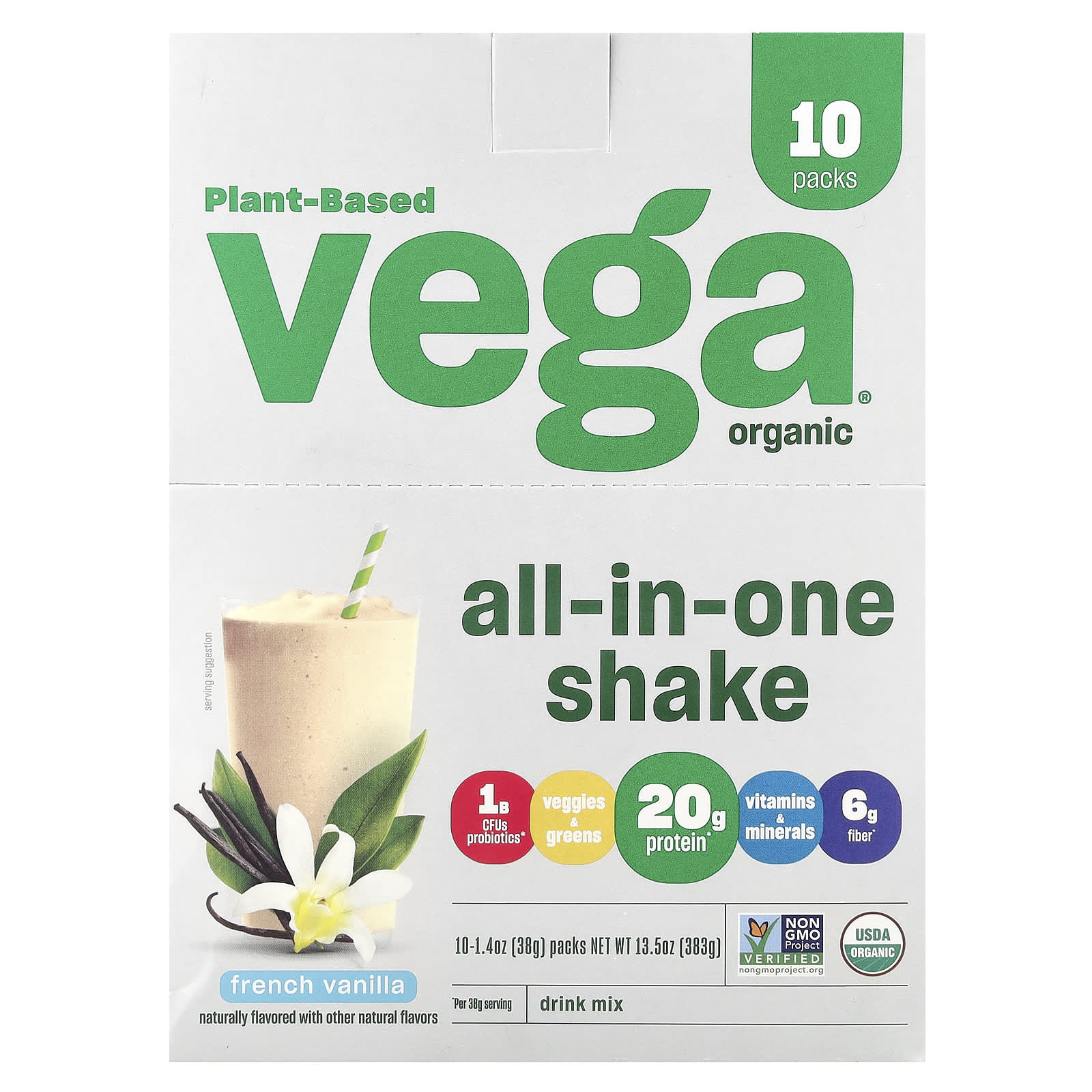 Vega, Plant-Based Organic All-In-One Shake, French Vanilla, 10 Pack, 1.4 oz (38 g) Each - Image 1