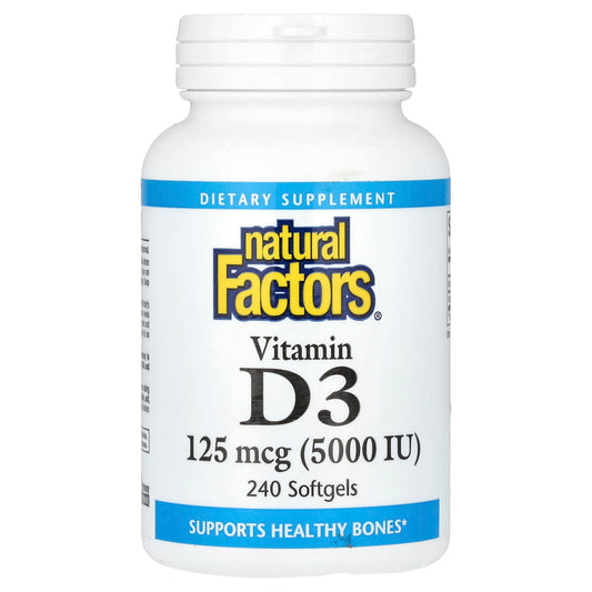 Natural Factors, Vitamin D3, 125 mcg (5,000 IU), 240 Softgels - Image 1