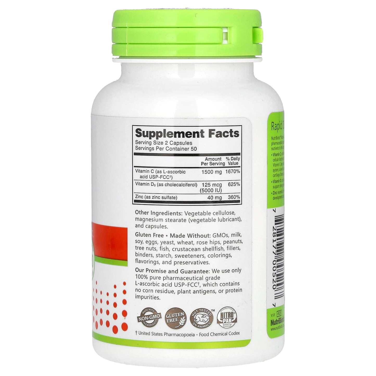 NutriBiotic, Immunity, Vitamin C + D3 & Zinc, 100 Capsules - Image 2