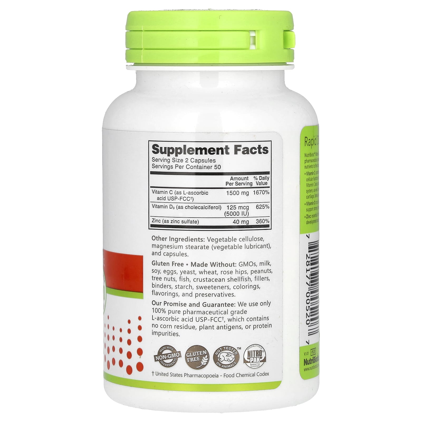 NutriBiotic, Immunity, Vitamin C + D3 & Zinc, 100 Capsules - Image 2
