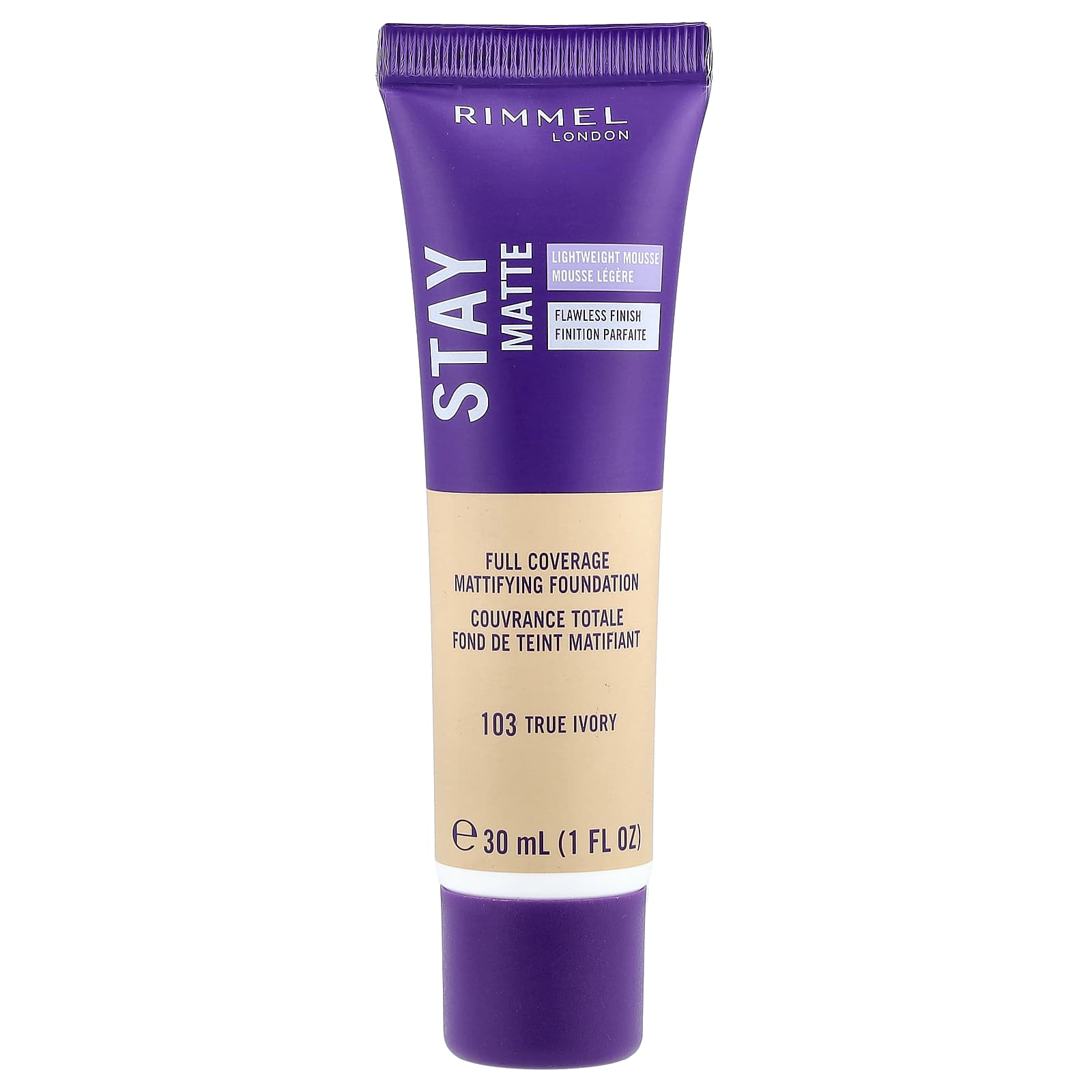 Rimmel London, Stay Matte, Full Coverage Mattifying Foundation, 103 True Ivory, 1 fl oz (30 ml) - Image 1