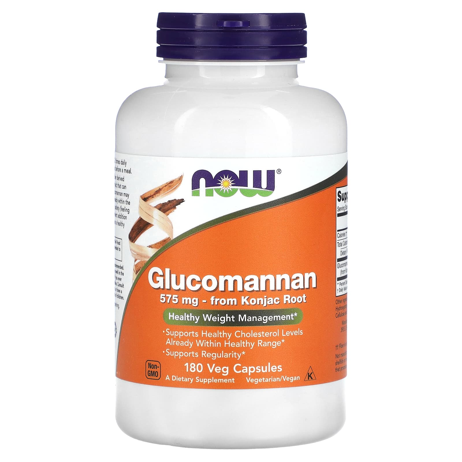 NOW Foods, Glucomannan, 575 mg, 180 Veg Capsules - Image 1