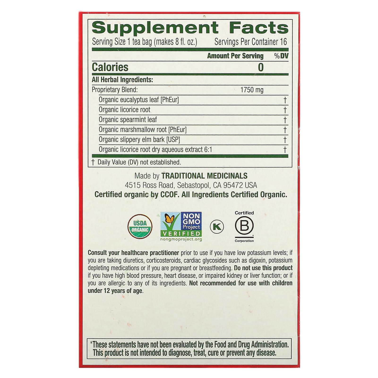 Traditional Medicinals, Organic Throat Coat, Eucalyptus, Caffeine Free, 16 Wrapped Tea Bags, 0.99 oz (28 g) - Image 2