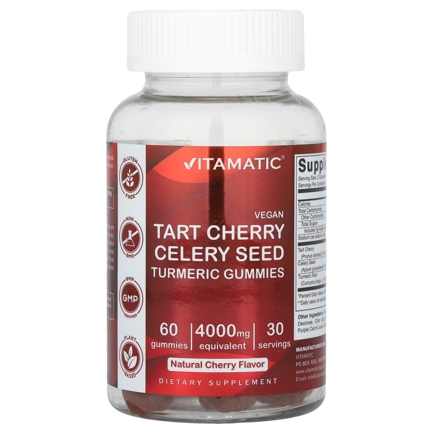 Vitamatic, Vegan, Tart Cherry Celery Seed Turmeric Gummies, Natural Cherry, 4,000 mg, 60 Gummies (2,000 mg per Gummy) - Image 1