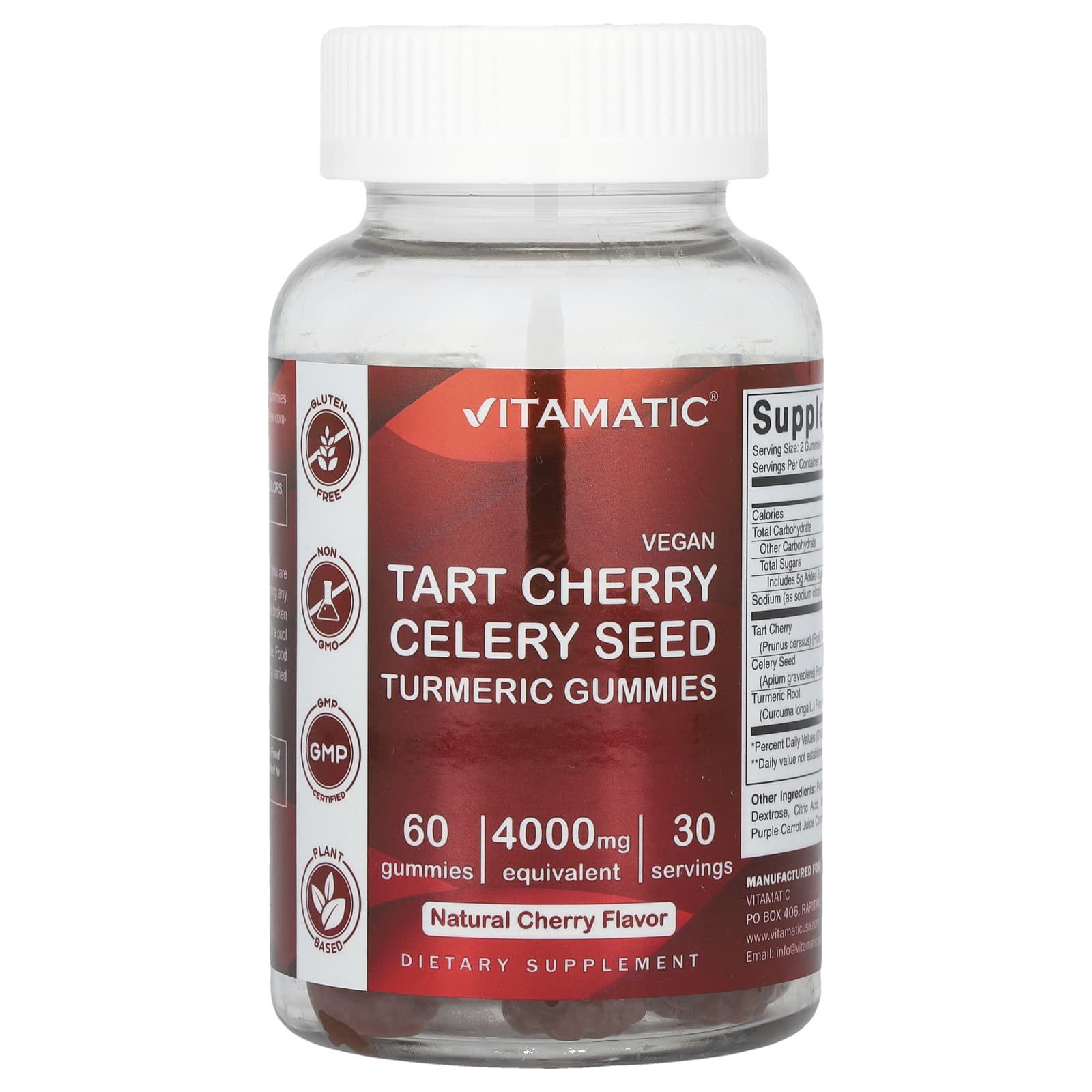 Vitamatic, Vegan, Tart Cherry Celery Seed Turmeric Gummies, Natural Cherry, 4,000 mg, 60 Gummies (2,000 mg per Gummy) - Image 1