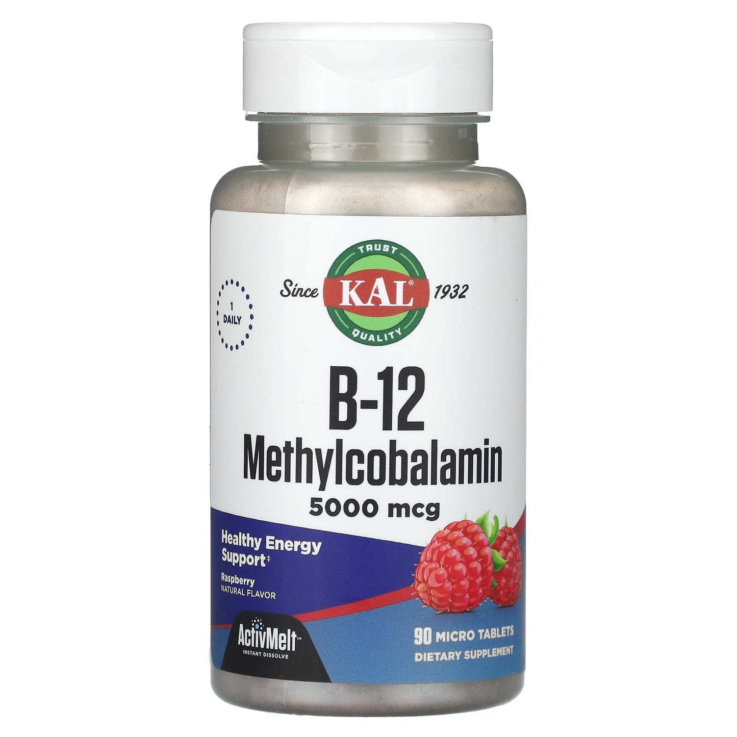 KAL, B-12 Methylcobalamin, Raspberry, 5,000 mcg, 90 Micro Tablets - Image 1