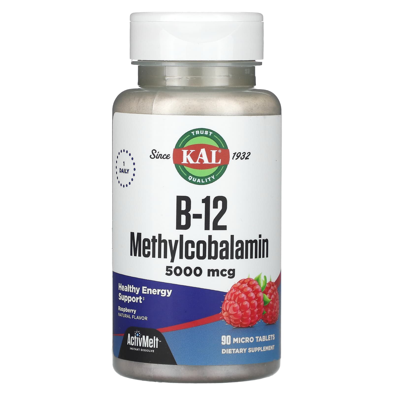KAL, B-12 Methylcobalamin, Raspberry, 5,000 mcg, 90 Micro Tablets - Image 1