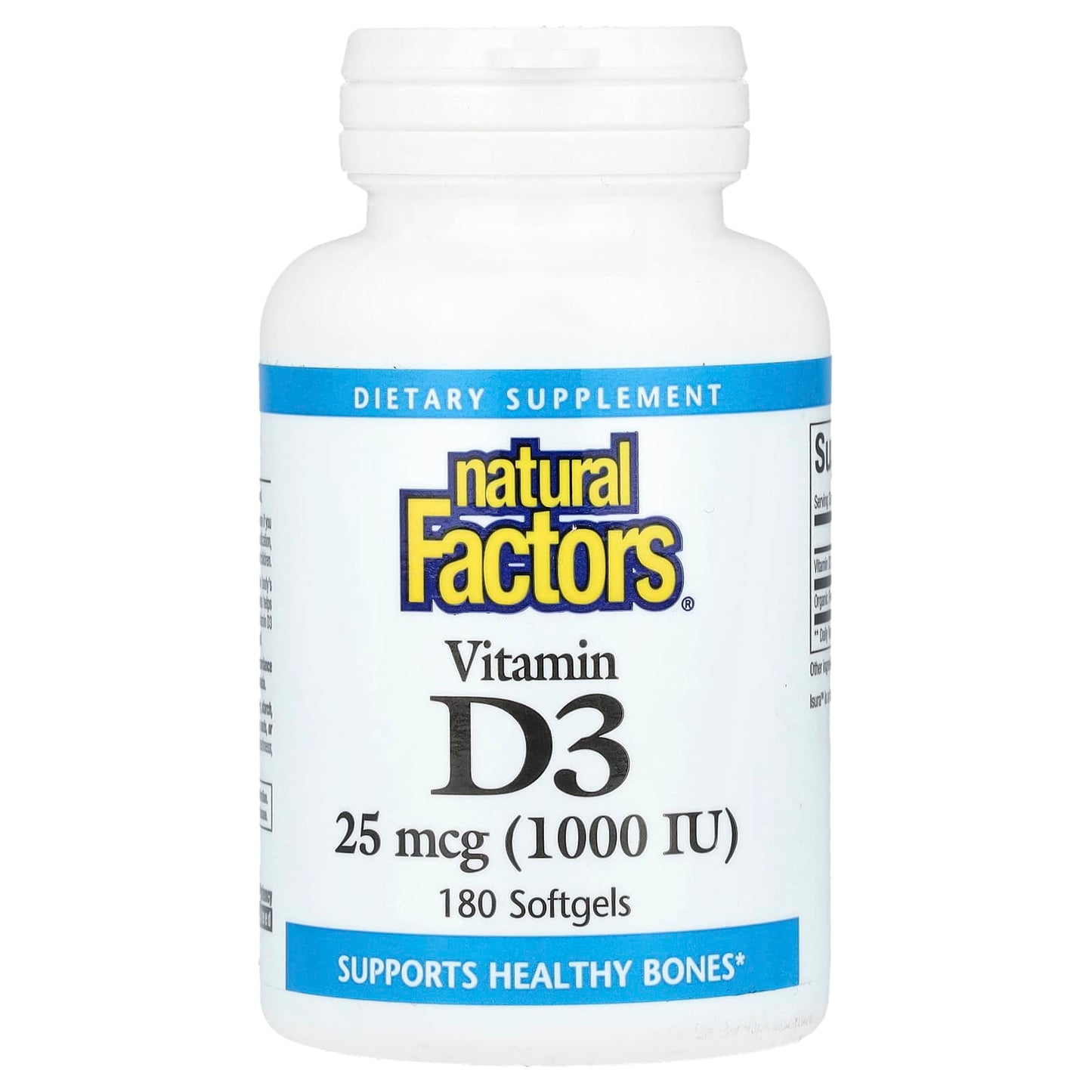 Natural Factors, Vitamin D3, 25 mcg (1,000 IU), 180 Softgels - Image 1