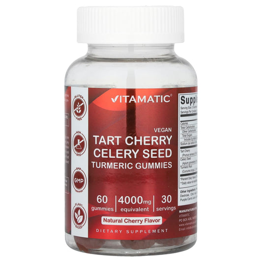Vitamatic, Vegan, Tart Cherry Celery Seed Turmeric Gummies, Natural Cherry, 4,000 mg, 60 Gummies (2,000 mg per Gummy) - Image 1