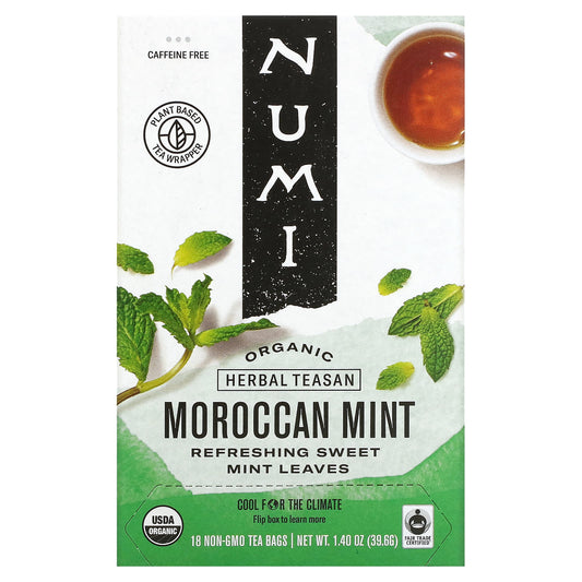 Numi Tea, Organic Herbal Teasan, Moroccan Mint, Caffeine Free, 18 Tea Bags, 1.40 oz (39.6 g) - Image 1