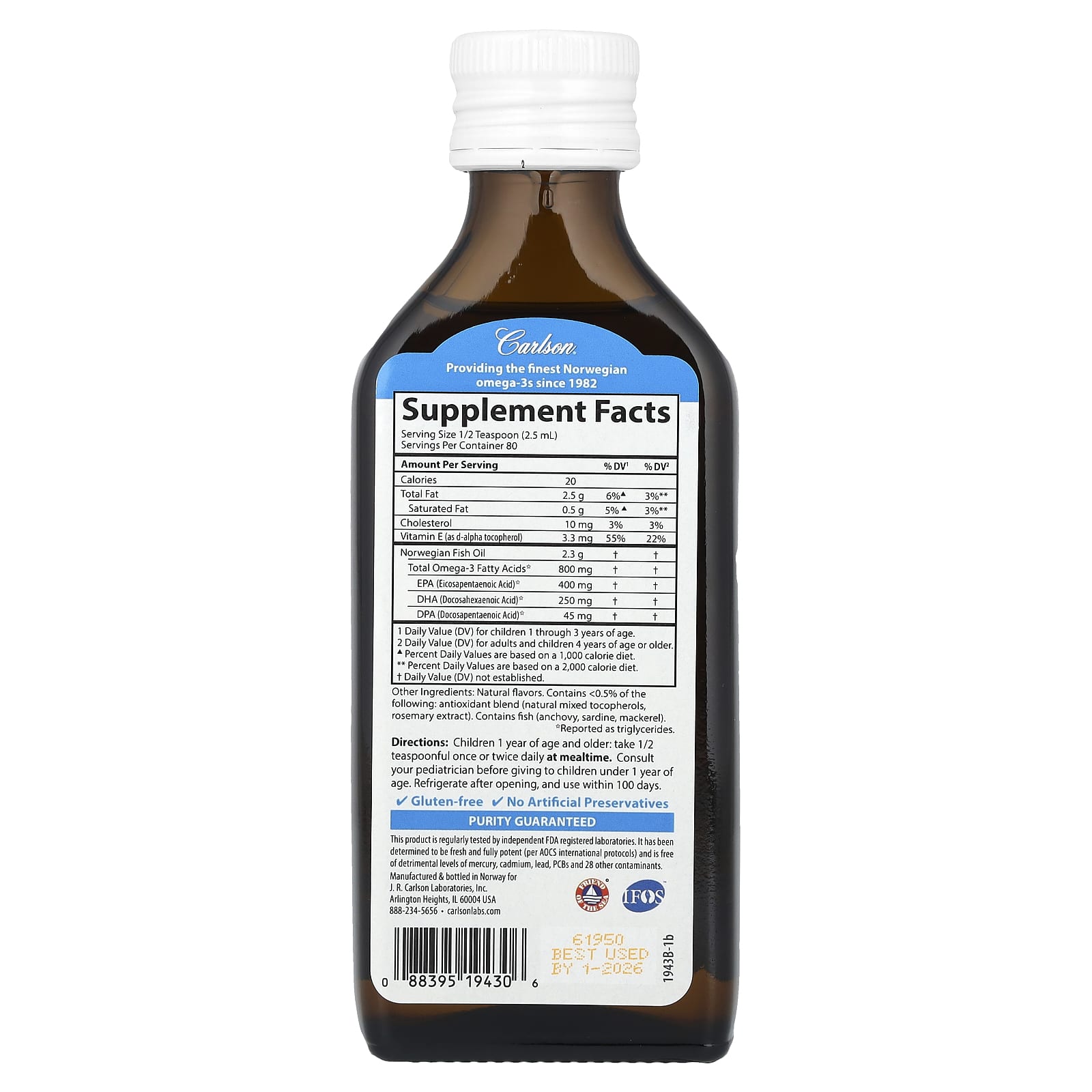 Carlson, Kid's, Norwegian, The Very Finest Fish Oil, Just Peachie, 800 mg, 6.7 fl oz (200 ml)
