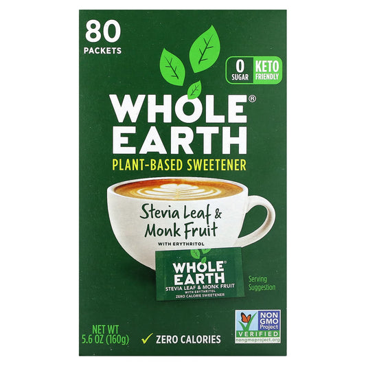 Whole Earth, Stevia Leaf & Monk Fruit with Erythritol, 80 Packets, 5.6 oz (160 g) - Image 1