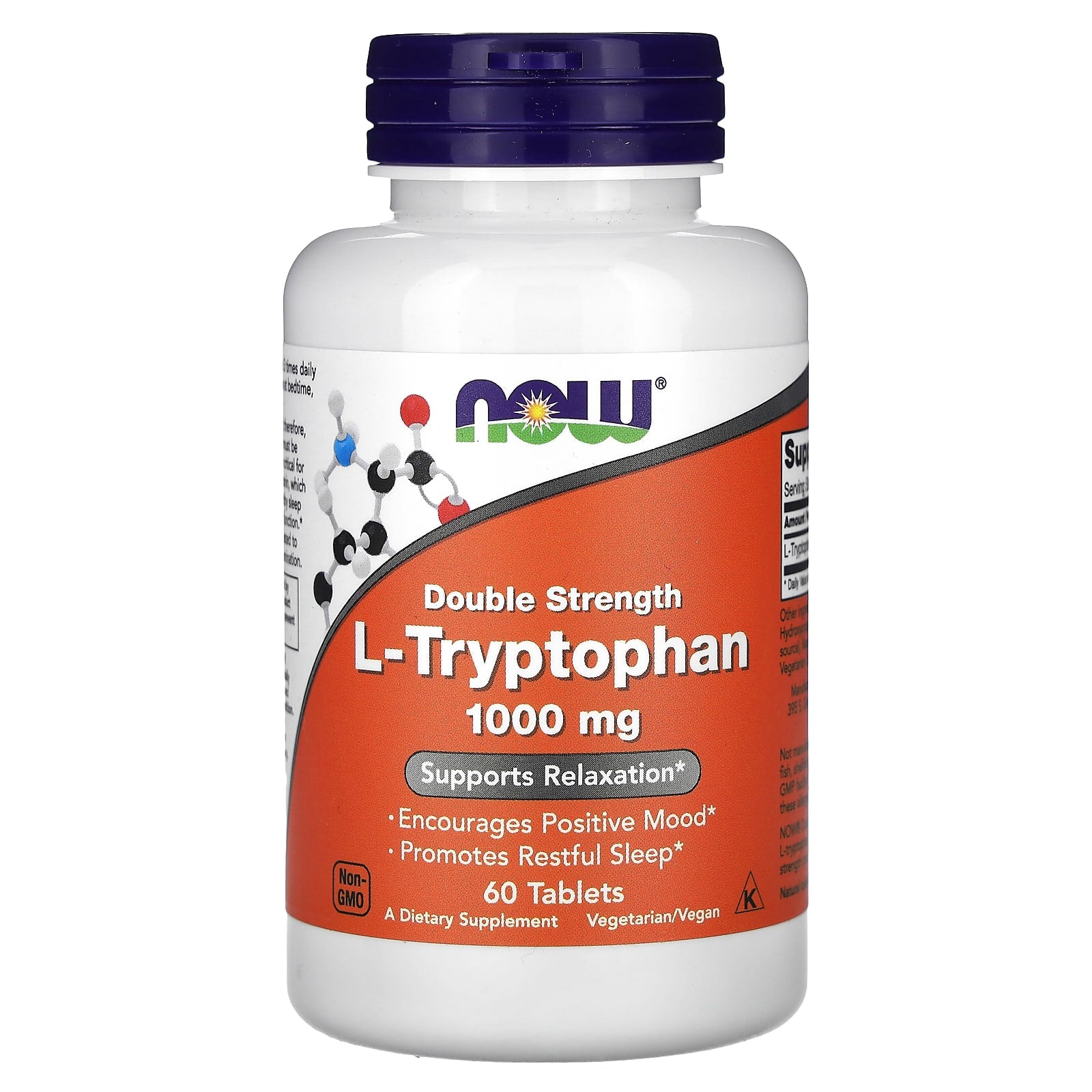 NOW Foods, L-Tryptophan, Double Strength, 1,000 mg, 60 Tablets - Image 1