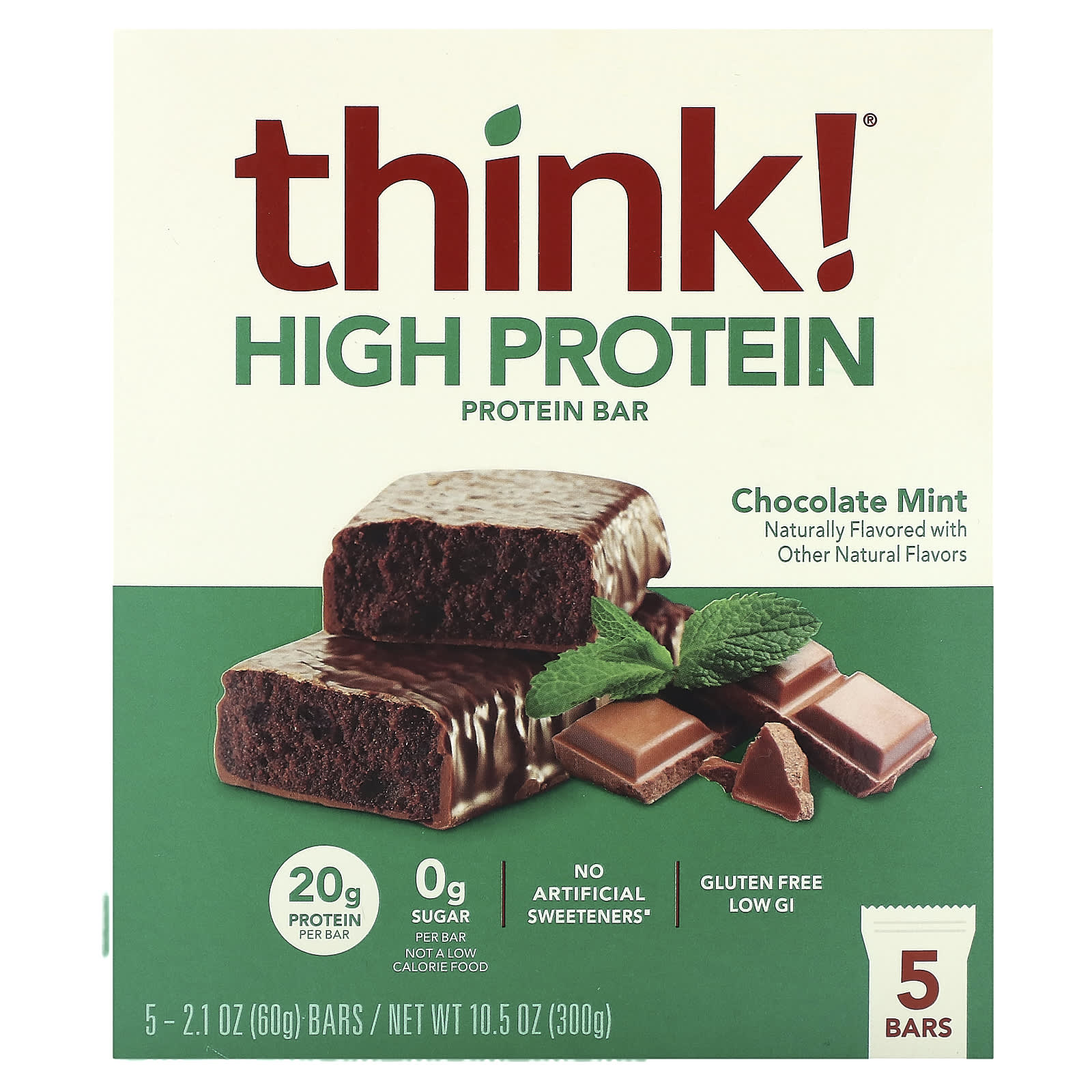 Think !, High Protein Bars, Chocolate Mint, 5 Bars, 2.1 oz (60 g) Each - Image 1