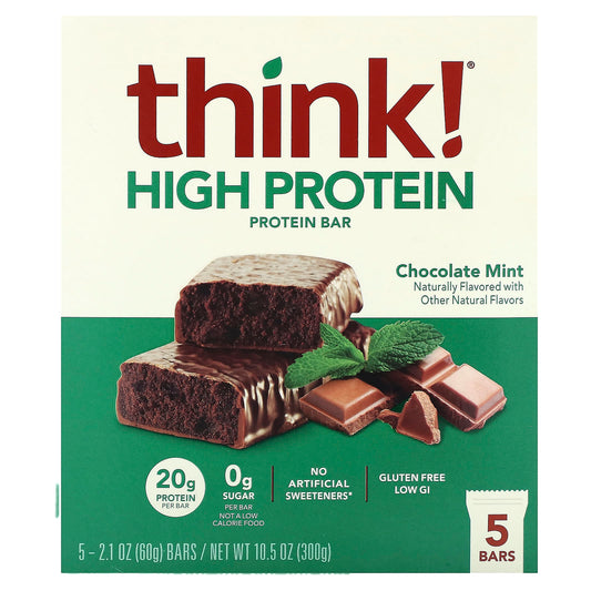 Think !, High Protein Bars, Chocolate Mint, 5 Bars, 2.1 oz (60 g) Each - Image 1