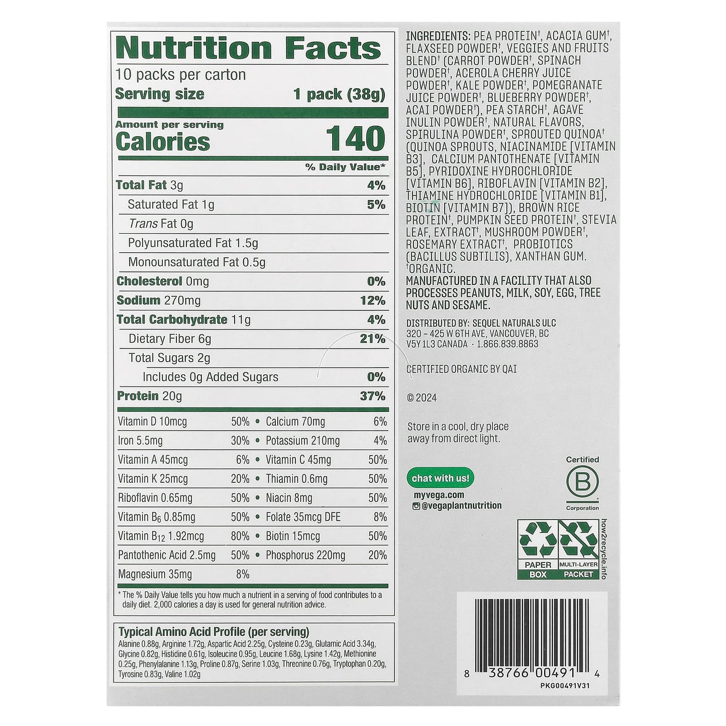 Vega, Plant-Based Organic All-In-One Shake, French Vanilla, 10 Pack, 1.4 oz (38 g) Each - Image 2