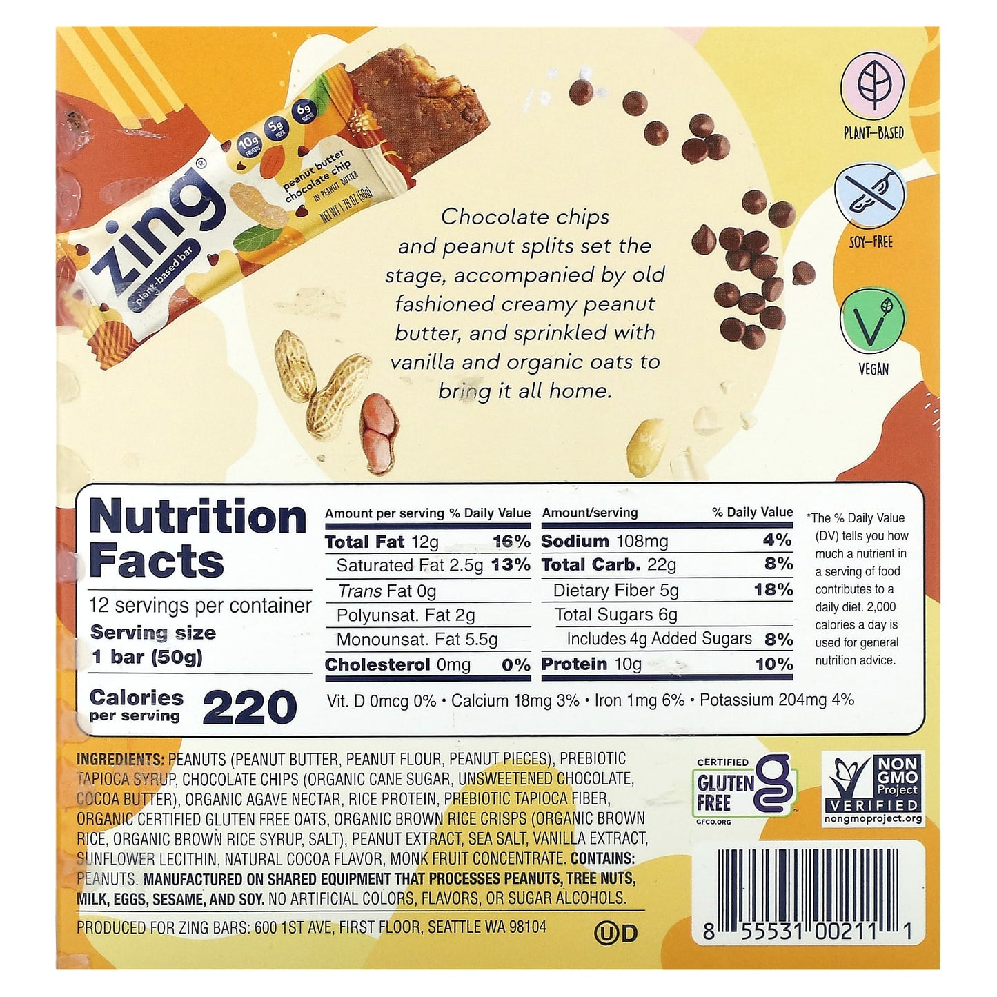 Zing Bars, Plant-Based Bar, Peanut Butter Chocolate Chip In Peanut Butter, 12 Bars, 1.76 oz (50 g) Each - Image 2