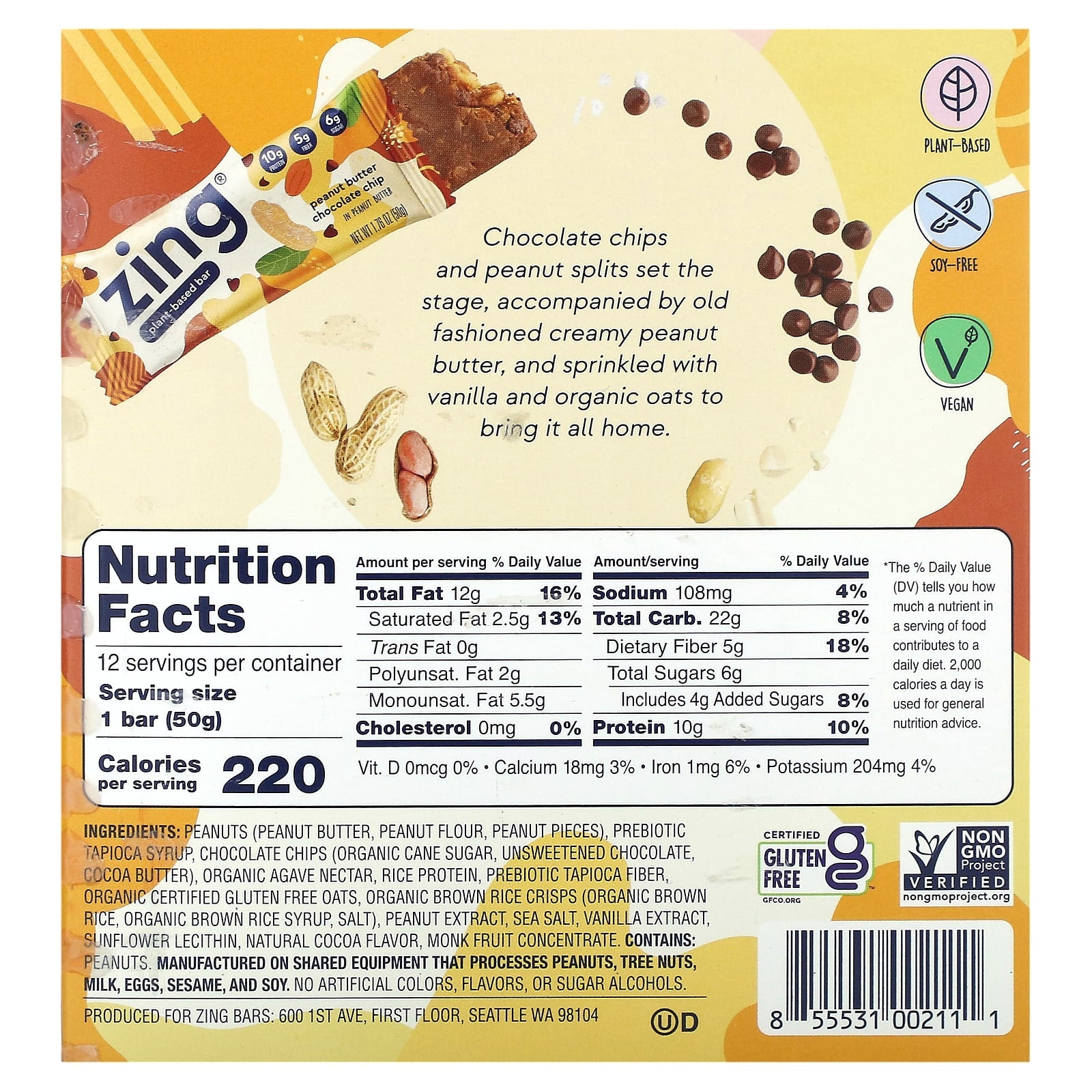 Zing Bars, Plant-Based Bar, Peanut Butter Chocolate Chip In Peanut Butter, 12 Bars, 1.76 oz (50 g) Each - Image 2