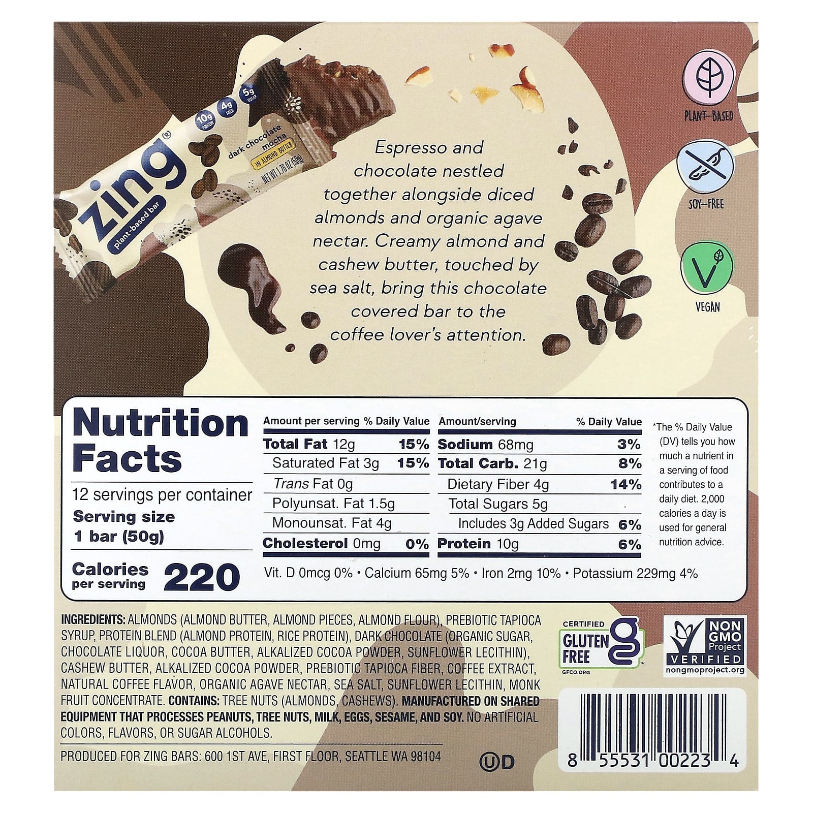 Zing Bars, Plant-Based Bar, Dark Chocolate Mocha In Almond Butter, 12 Bars, 1.76 oz (50 g) Each - Image 2