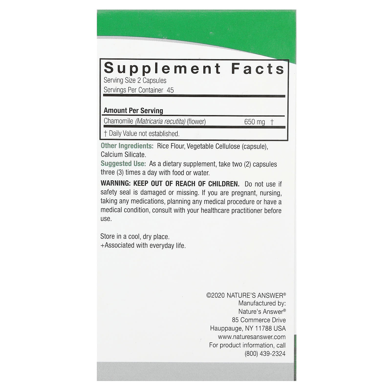 Nature's Answer, Chamomile, 90 Vegetarian Capsules (325 mg per Capsule) - Image 2