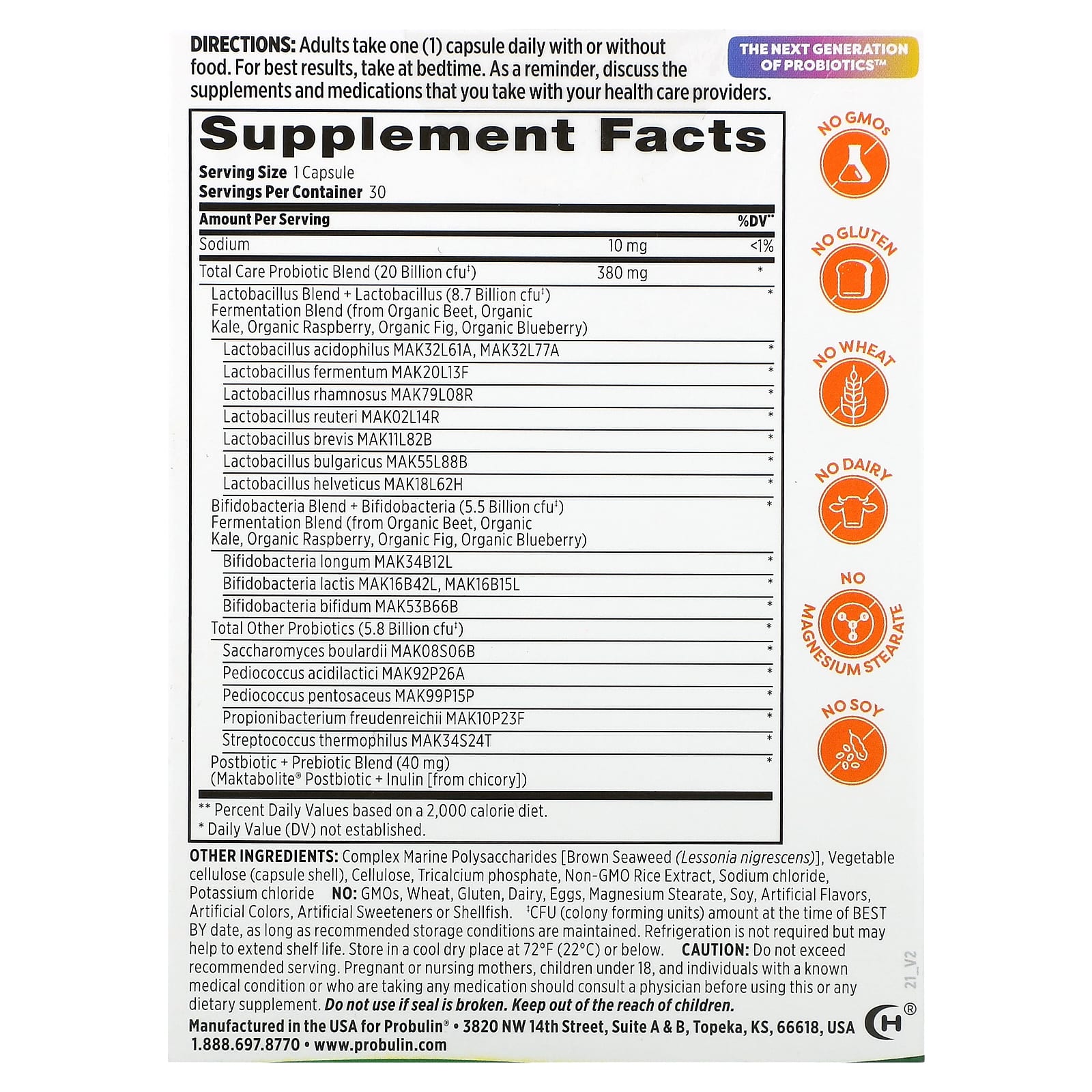 Probulin, Total Care Probiotic, 20 Billion CFU, 30 Capsules - Image 2