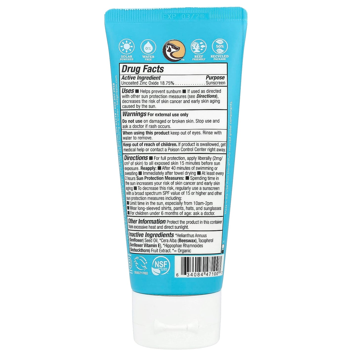 Badger Active Mineral Sunscreen Cream, SPF 30, Unscented, 2.9 fl oz - Image 2