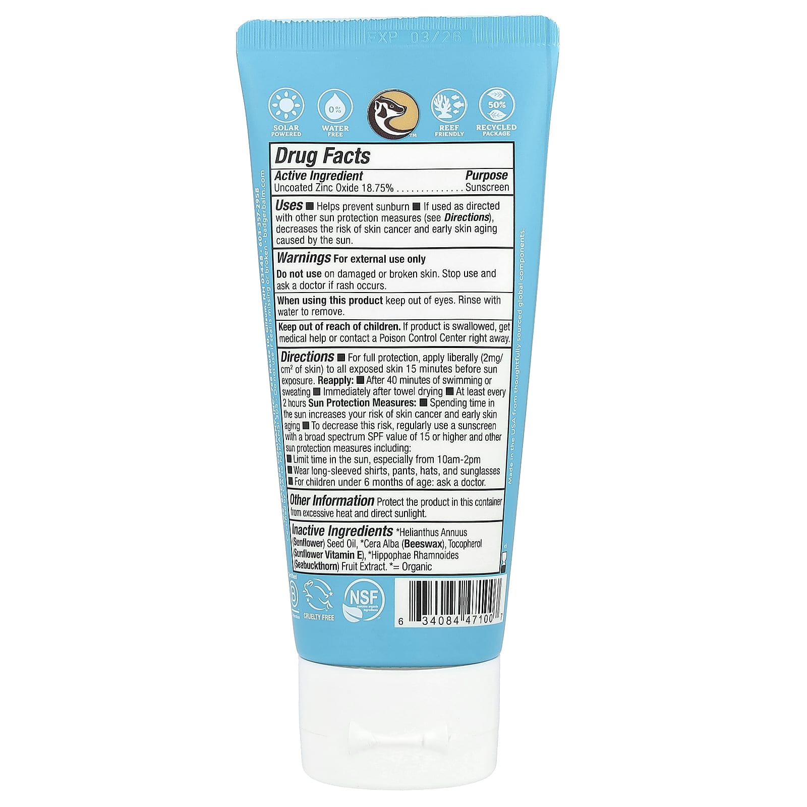 Badger Active Mineral Sunscreen Cream, SPF 30, Unscented, 2.9 fl oz - Image 2