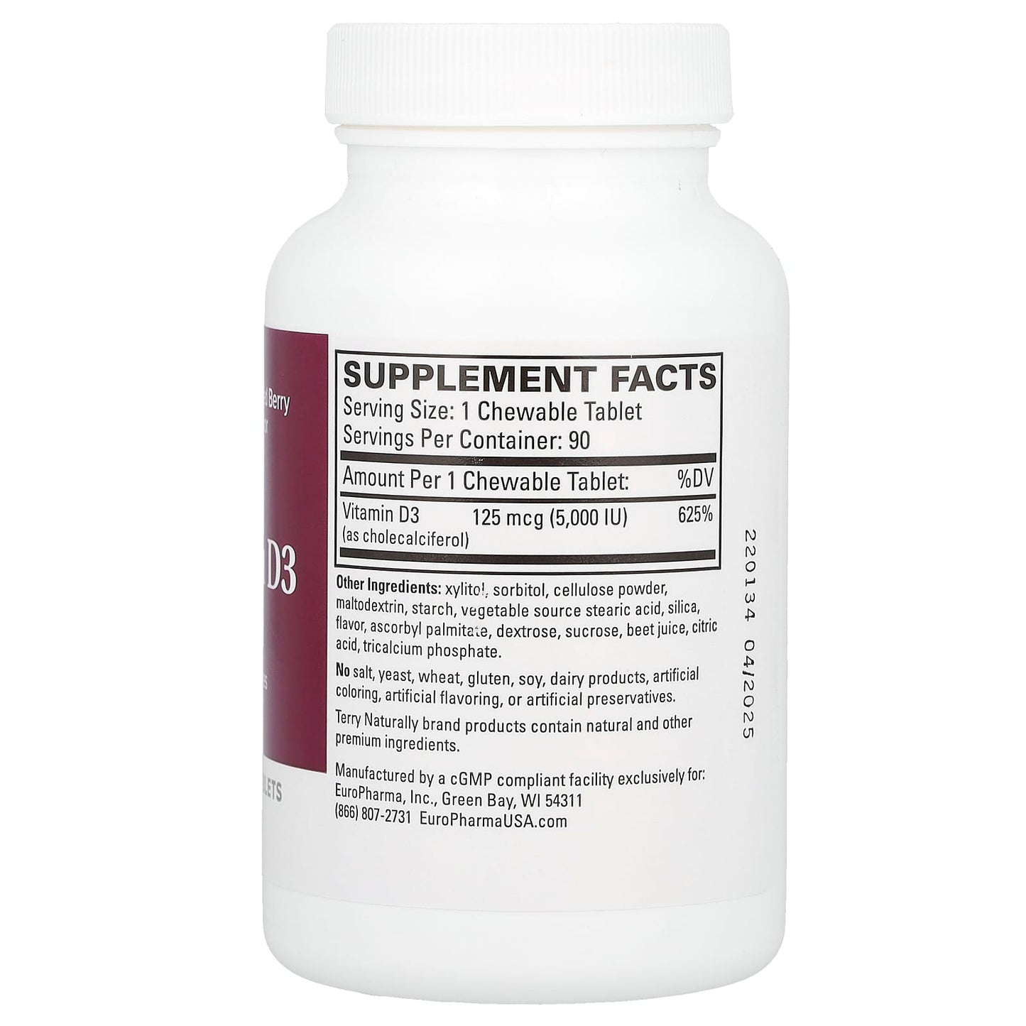 Terry Naturally, Vitamin D3, Mixed Berry, 5,000 IU, 90 Chewable Tablets - Image 2