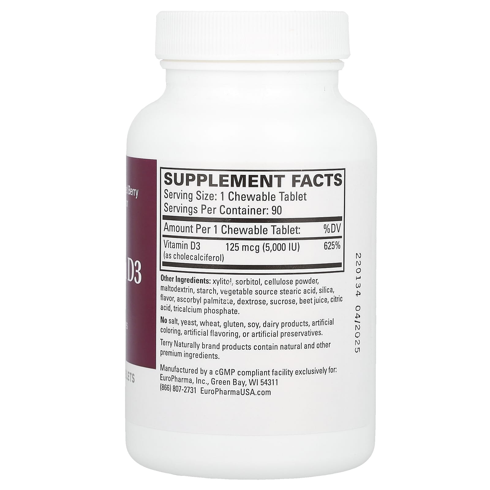 Terry Naturally, Vitamin D3, Mixed Berry, 5,000 IU, 90 Chewable Tablets - Image 2