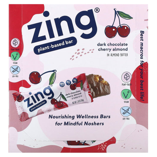 Zing Bars, Plant-Based Bar, Dark Chocolate Cherry Almond In Almond Butter, 12 Bars, 1.76 oz (50 g) Each - Image 1