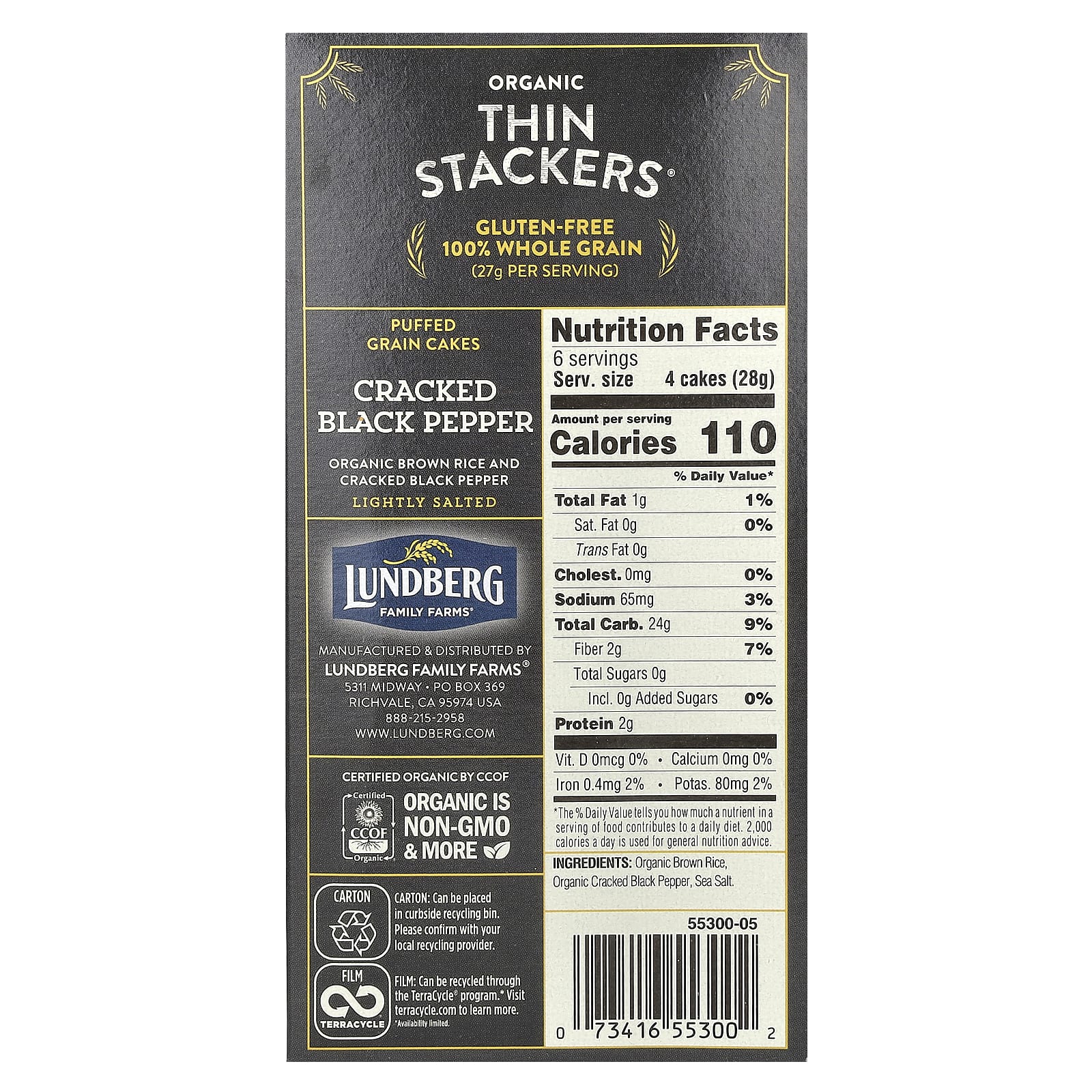 Lundberg, Organic Thin Stackers, Puffed Grain Cakes, Cracked Black Pepper, Lightly Salted, 24 Rice Cakes, 6 oz (168 g) - Image 2