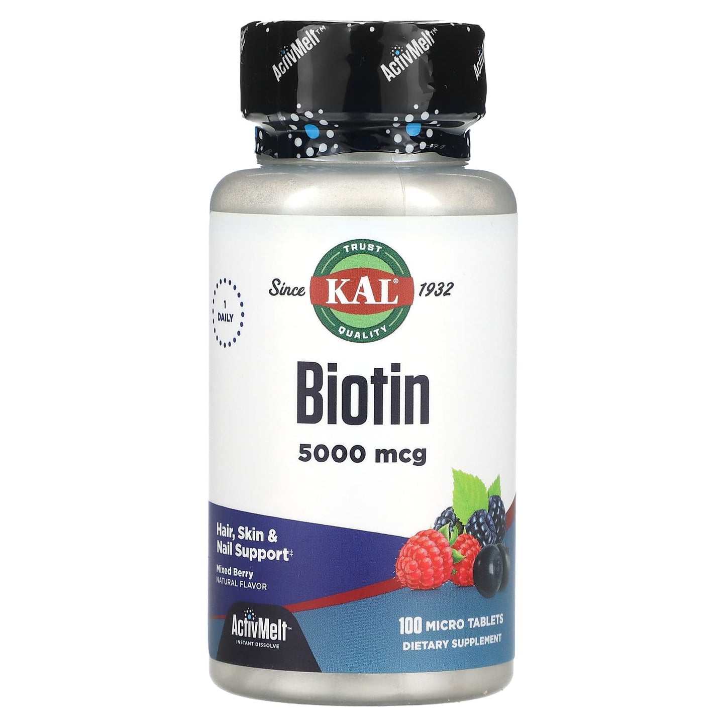 KAL, Biotin, Mixed Berry, 5,000 mcg, 100 Micro Tablets - Image 1