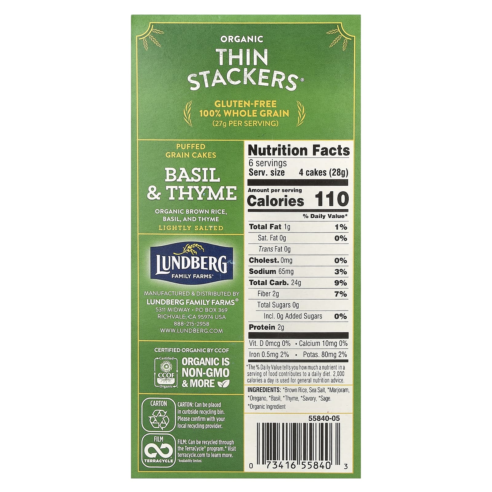 Lundberg, Organic Thin Stackers, Puffed Grain Cakes, Basil & Thyme, Lightly Salted, 24 Rice Cakes, 6 oz (168 g) - Image 2