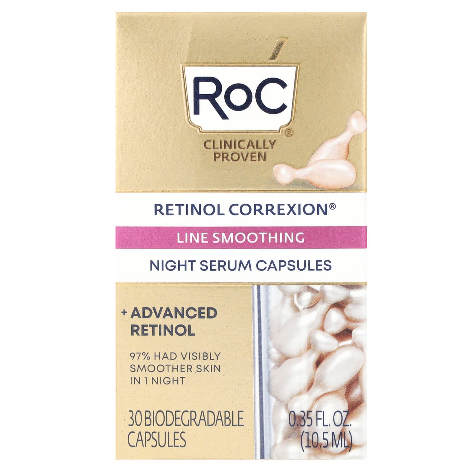 RoC, Retinol Correxion, Line Smoothing Night Serum Capsules, 30 Biodegradable Capsules, 0.35 fl oz (10.5 ml) - Image 2