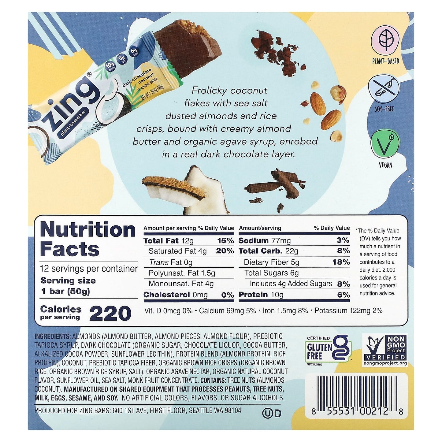 Zing Bars, Plant-Based Bar, Dark Chocolate Coconut In Almond Butter, 12 Bars, 1.76 oz (50 g) Each - Image 2