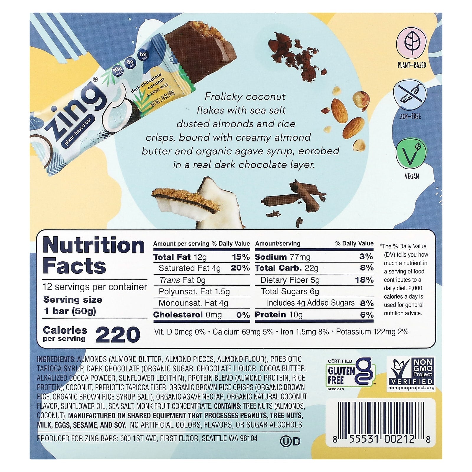 Zing Bars, Plant-Based Bar, Dark Chocolate Coconut In Almond Butter, 12 Bars, 1.76 oz (50 g) Each - Image 2