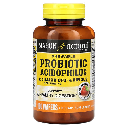 Mason Natural, Chewable Probiotic Acidophilus & Bifidus, Strawberry, 2 Billion CFU, 100 Wafers - Image 1