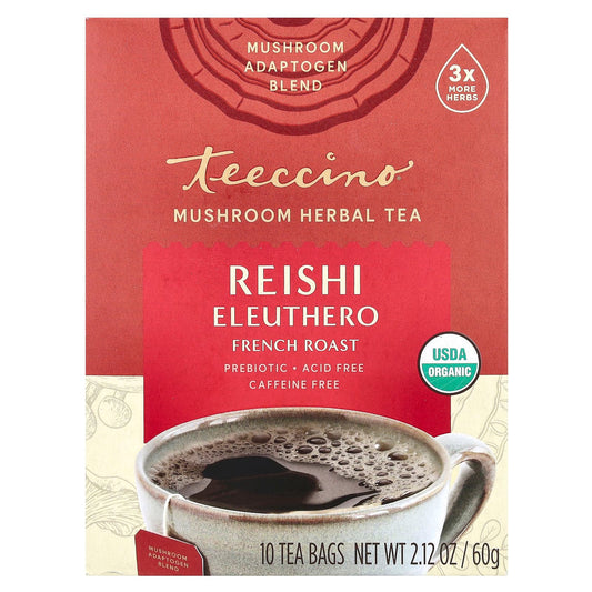 Teeccino, Mushroom Herbal Tea, Reishi Eleuthero, French Roast, Caffeine Free, 10 Tea Bags, 2.12 oz (60 g) - Image 1