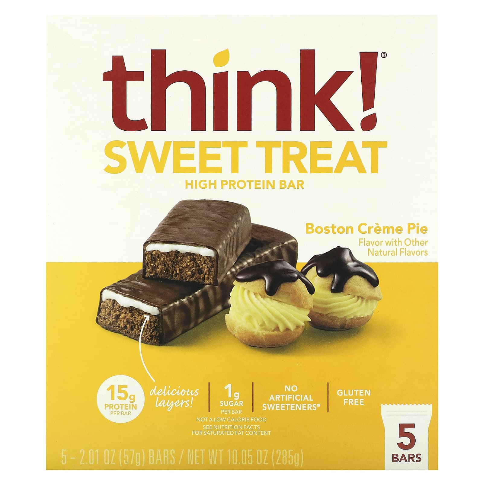 Think !, Sweet Treat, High Protein Bar, Boston Creme Pie, 5 Bars, 2.01 oz (57 g) Each - Image 1
