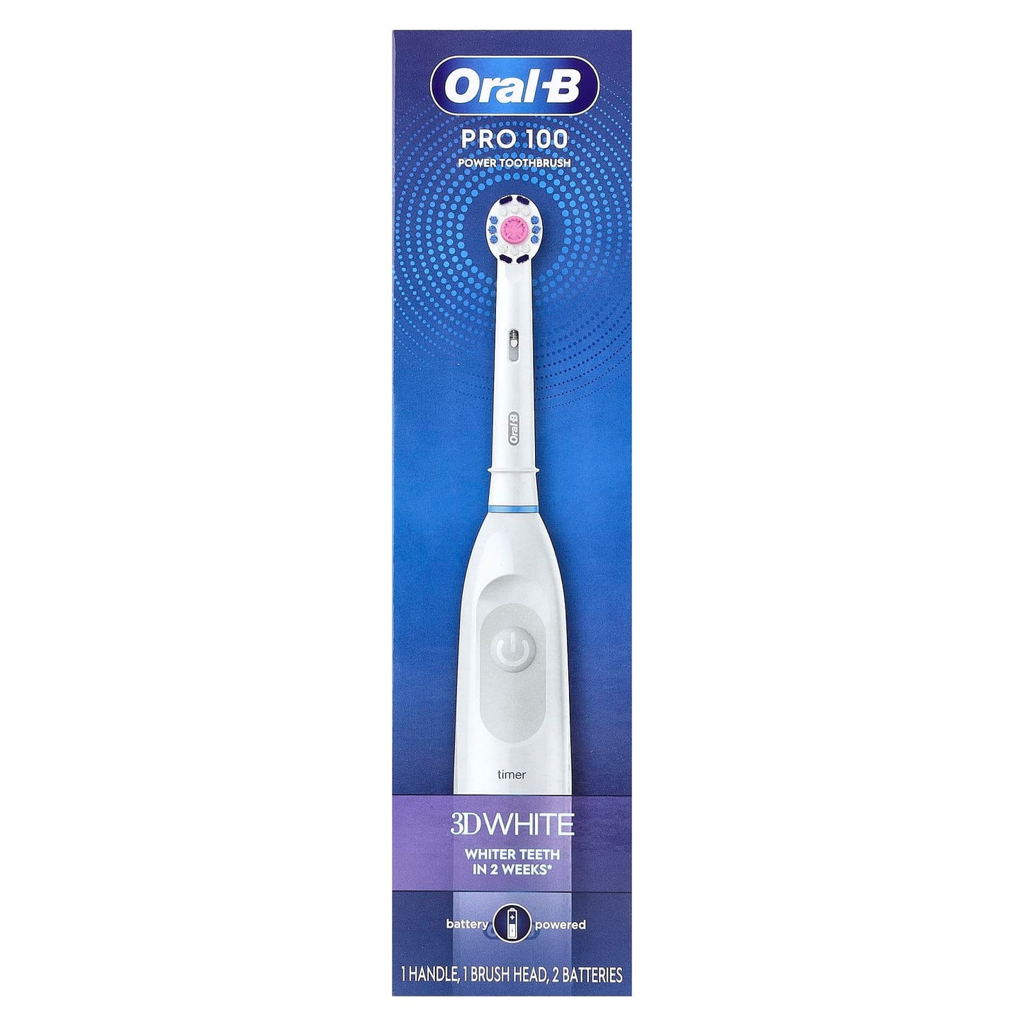 Oral-B, 3D White, Pro 100, Battery Powered Toothbrush, White, 1 Toothbrush - Image 1