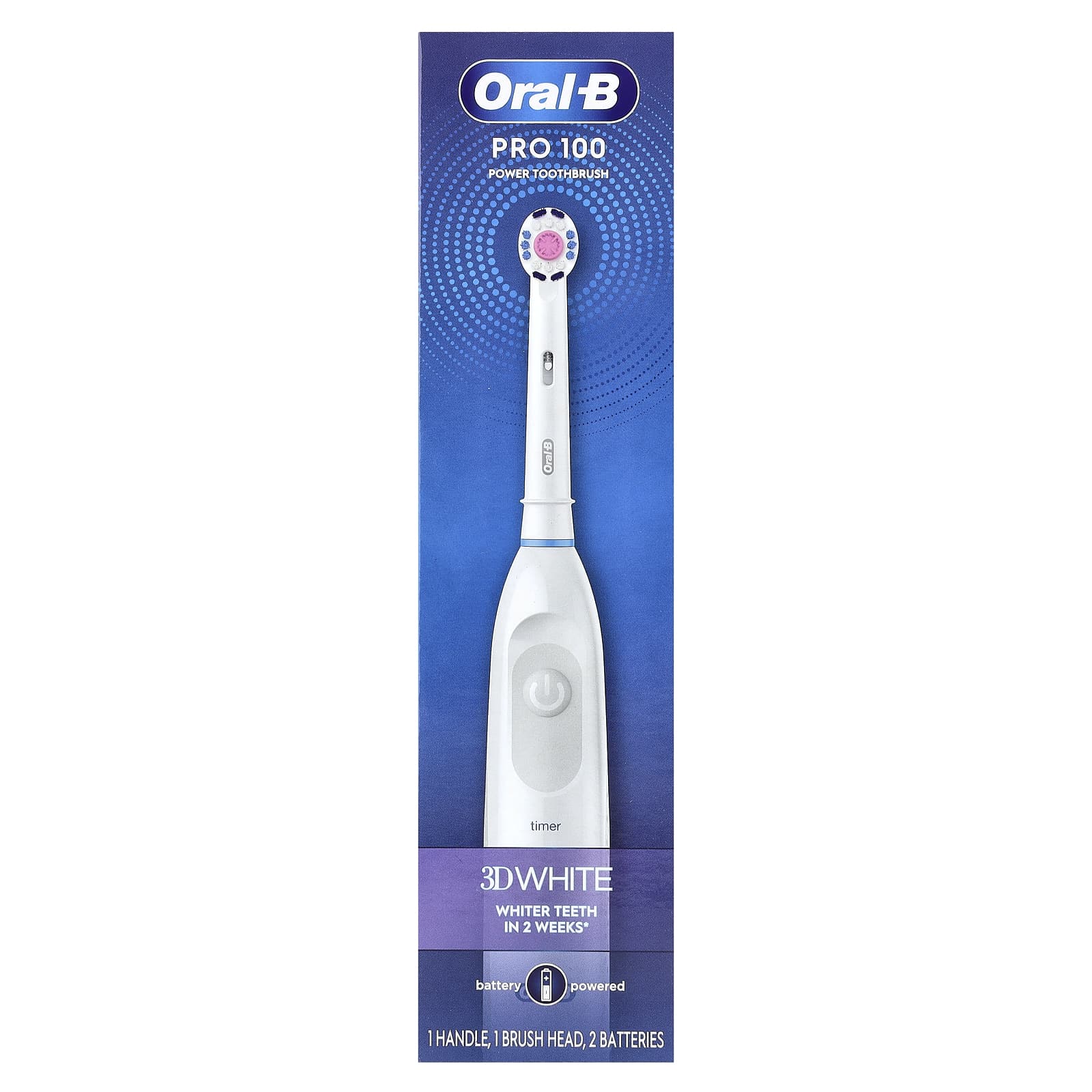 Oral-B, 3D White, Pro 100, Battery Powered Toothbrush, White, 1 Toothbrush - Image 1